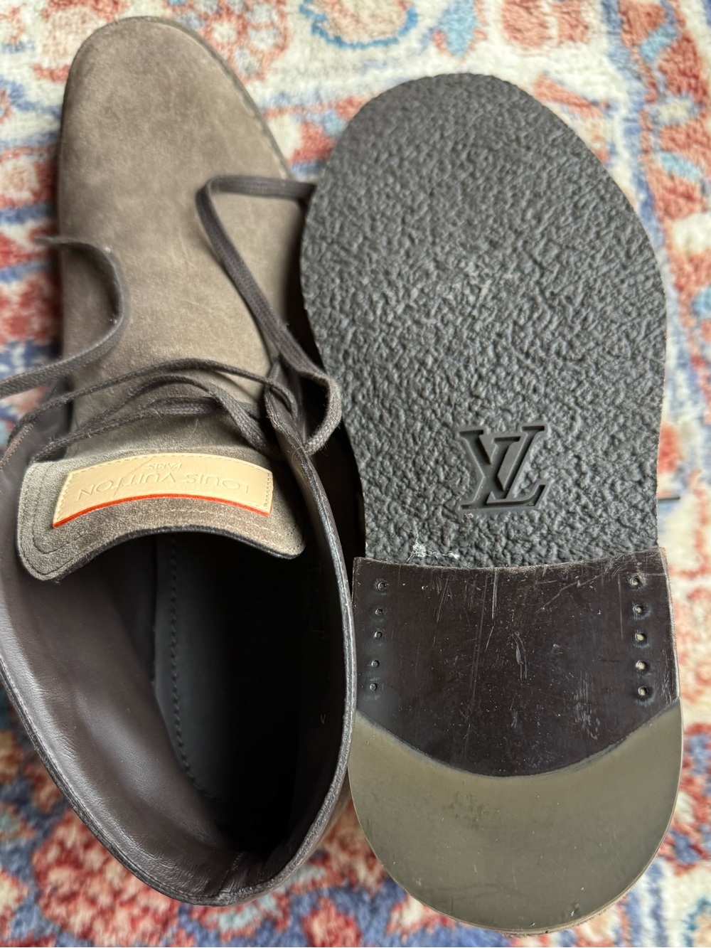Louis Vuitton Men's Chukka Suede Boots in Dark Brown and greenish grey.